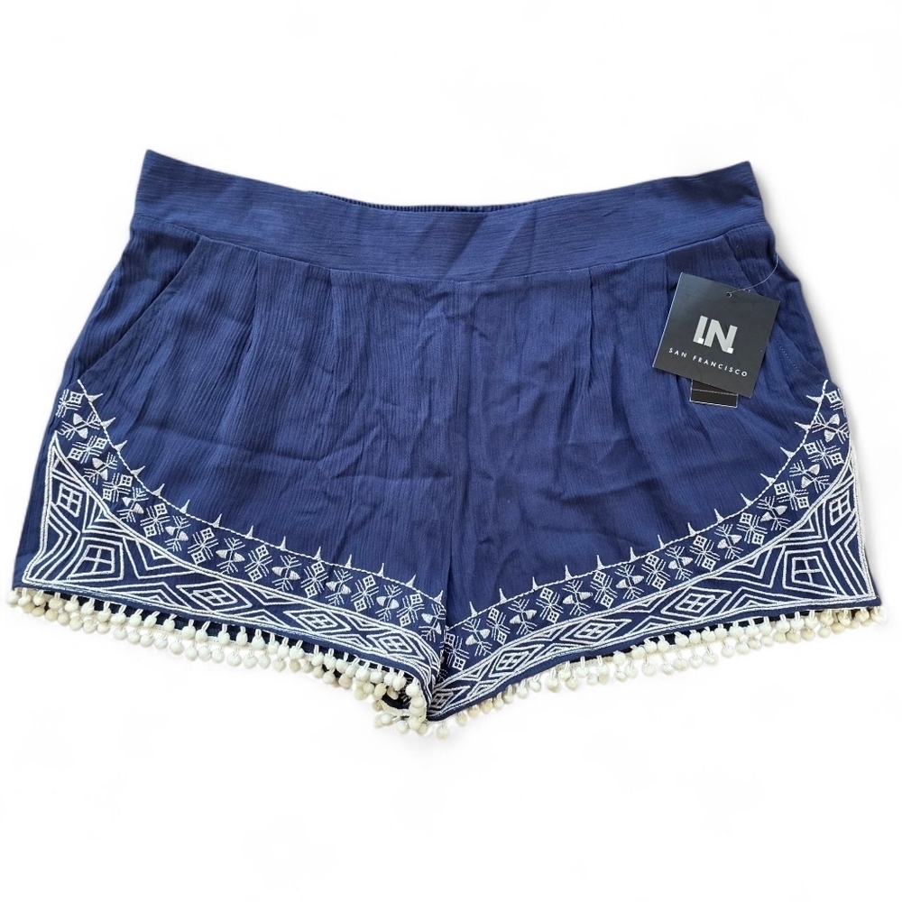IN San Francisco Navy Embroidered Boho Beach Resort Pom Pom Shorts | Size XL